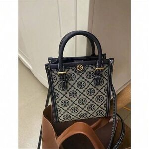 Tory Burch Blue and Cream Mini Bag with Geometric Pattern